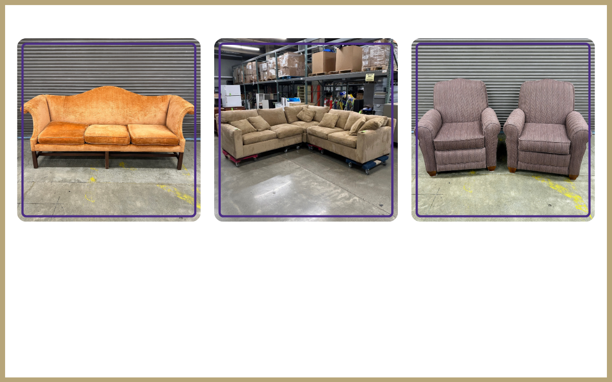 Chippendale sofa in apricot velvet, 3-piece sectional, two La-Z-Boy recliners in purple