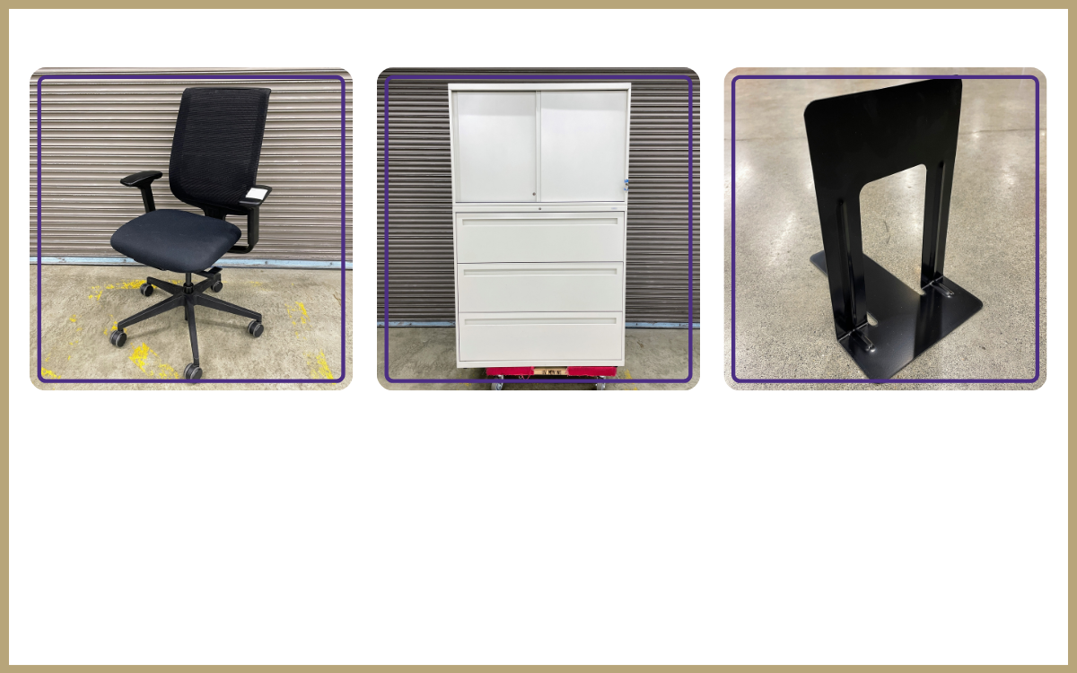 black office chair, file cabinet with hutch, black bookend