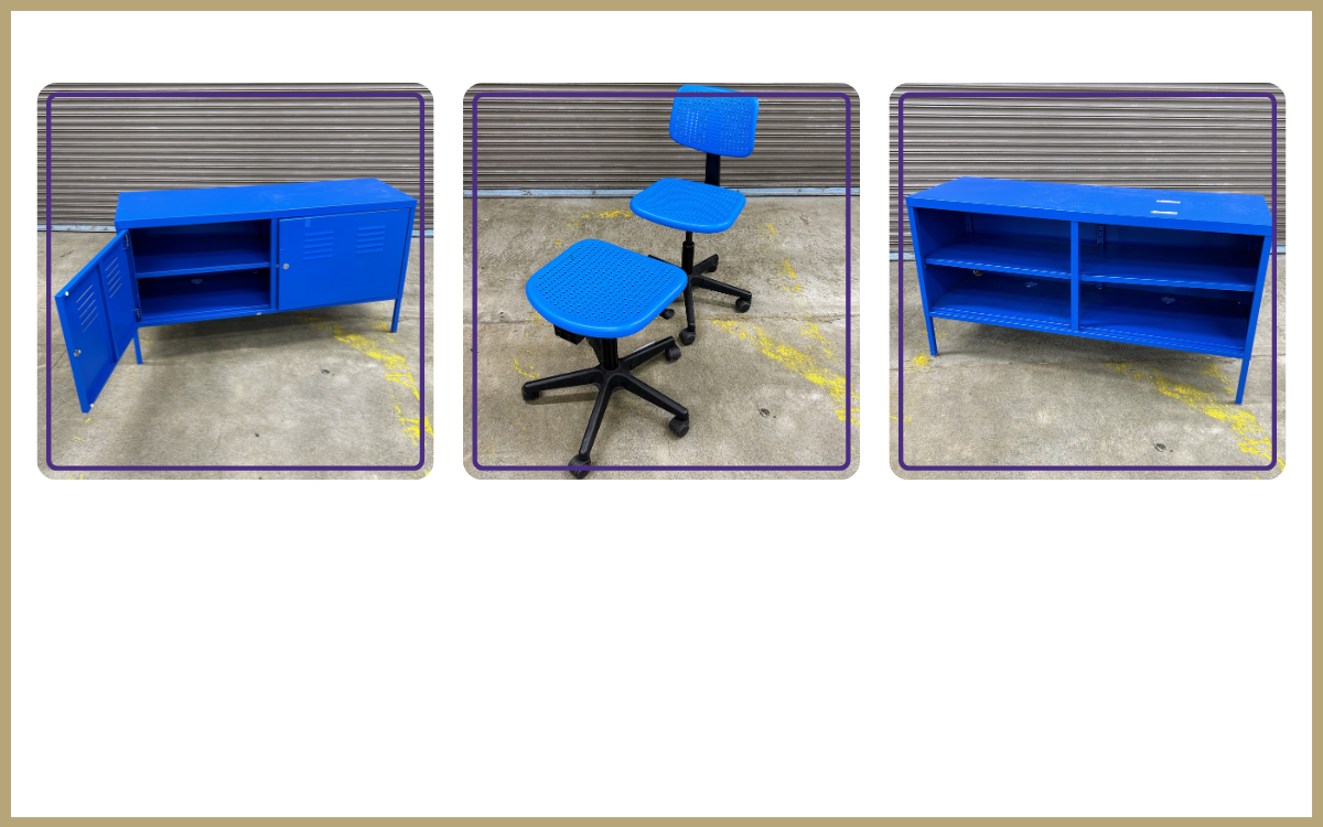 Blue metal console table, blue chair and blue stool, blue metal console table