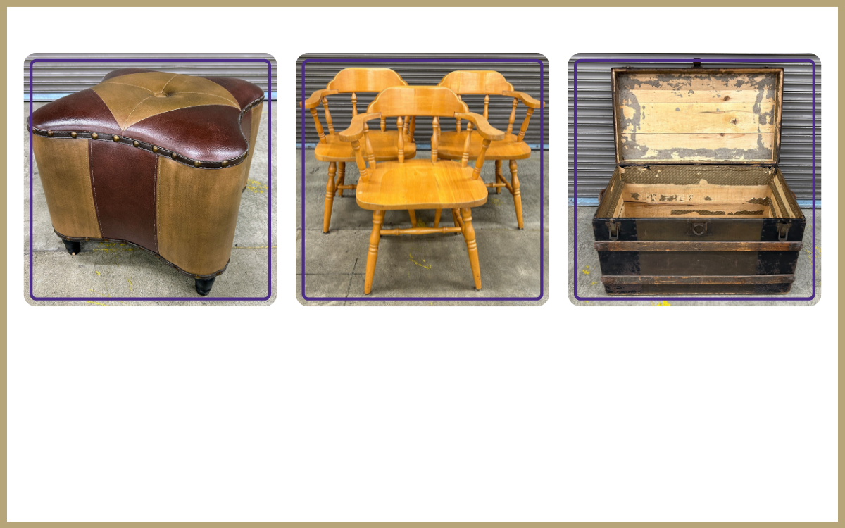 Leather ottoman, three wood captain's chairs, and a vintage wood trunk