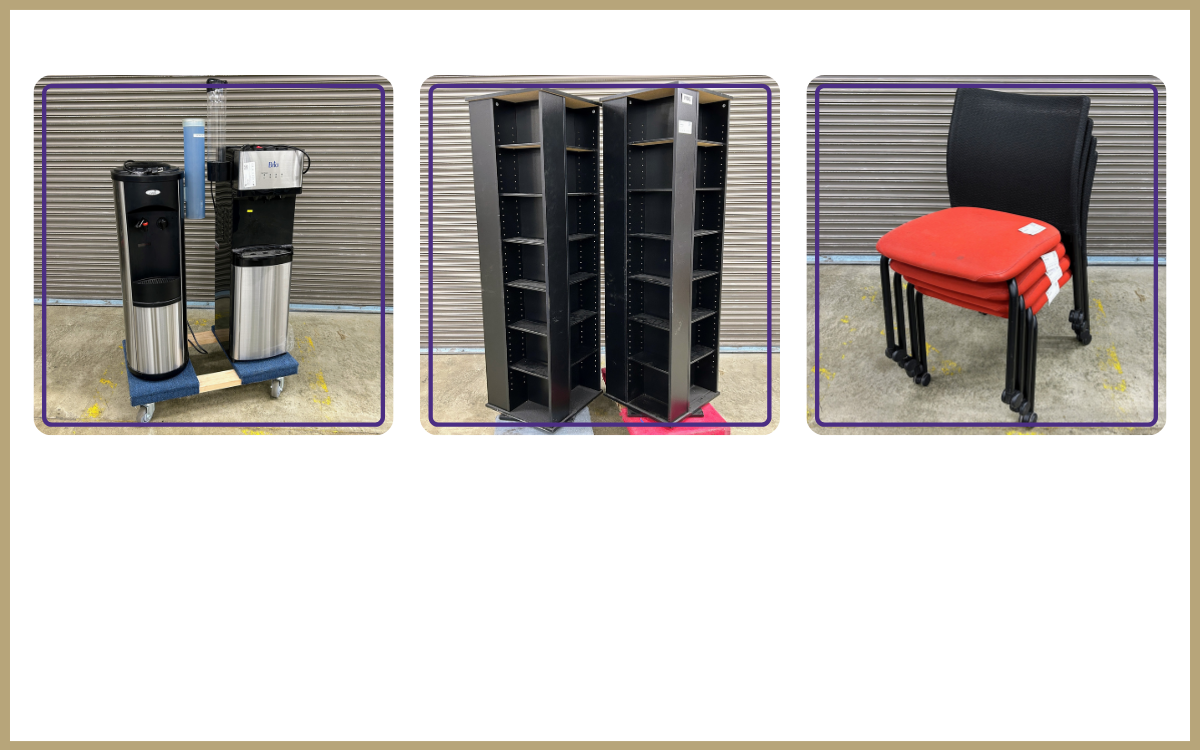 Duo of water coolers, VHS spinning storage racks, Steelcase red stacking rolling chairs