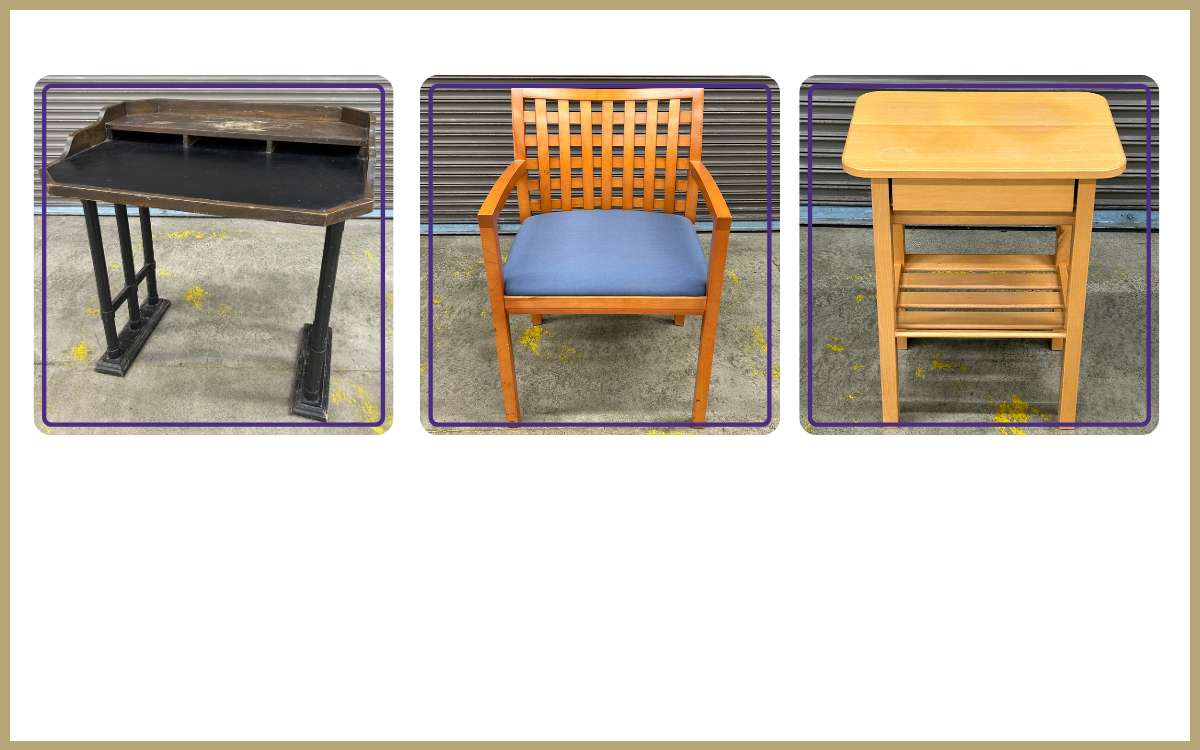 Writing table, Steelcase wood lattice chair, little wood table