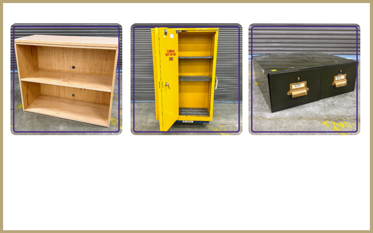 Wood 2 shelf bookcase, large flammables cabinet, steel library card cabinet