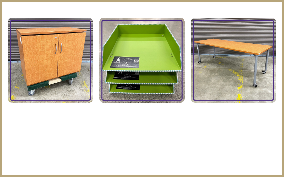 cabinet, green letter trays, rolling table