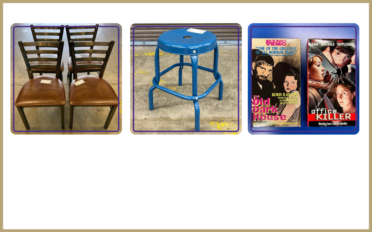Metal framed chairs with brown vinyl seats, blue metal stool, assorted VHS tapes
