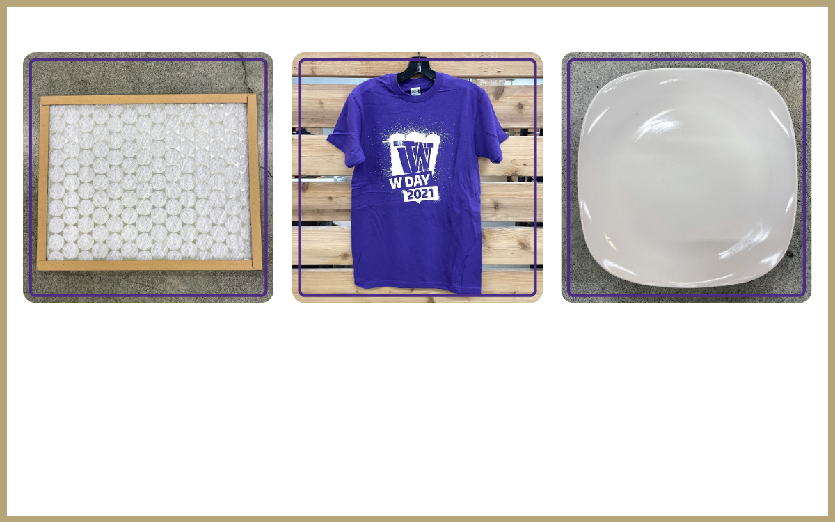 air filter, purple t-shirt, square plate