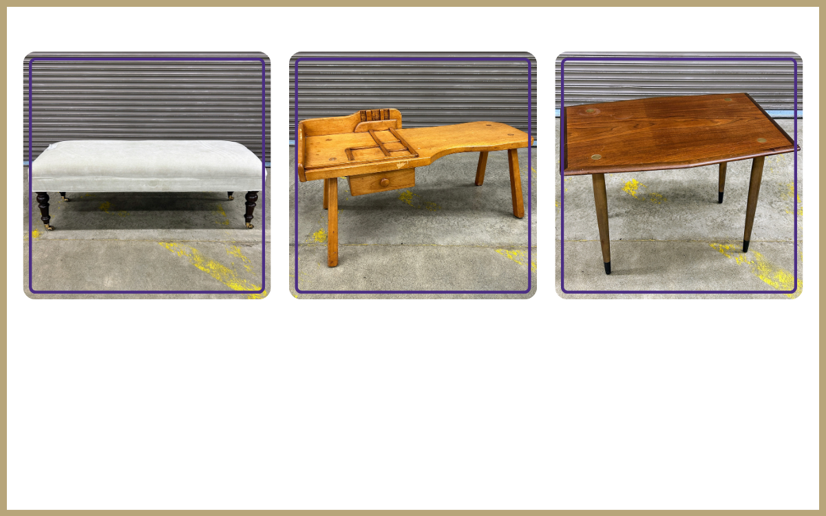 White fabric bench, Cobbler table, side table with brass accents