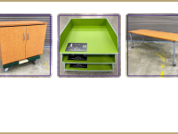cabinet, green letter trays, rolling table