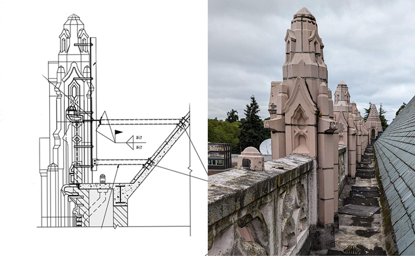 picture of finial on Suzzallo library side by side with diagram of it that shows it secured to the roof