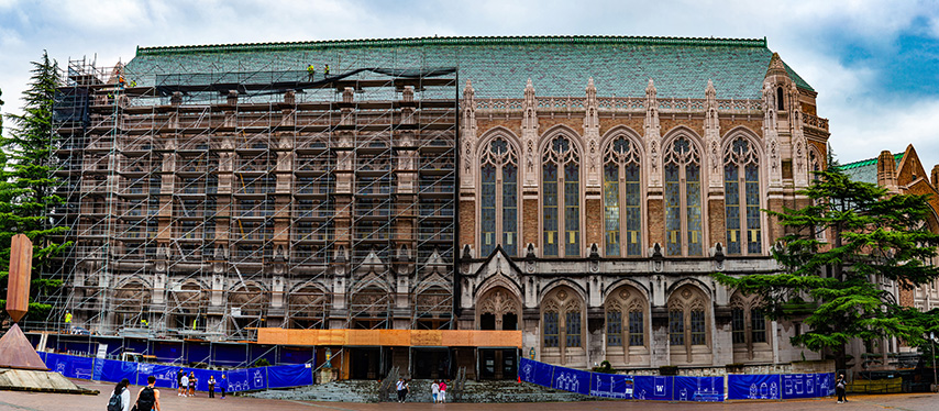 Suzzallo library, half it covered in scaffolding