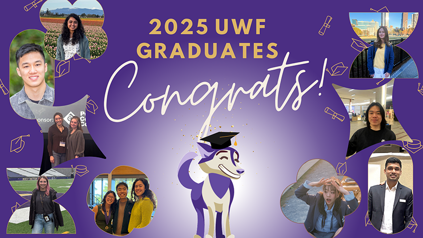 pictures of students with text '2025 UWF graduates congrats'