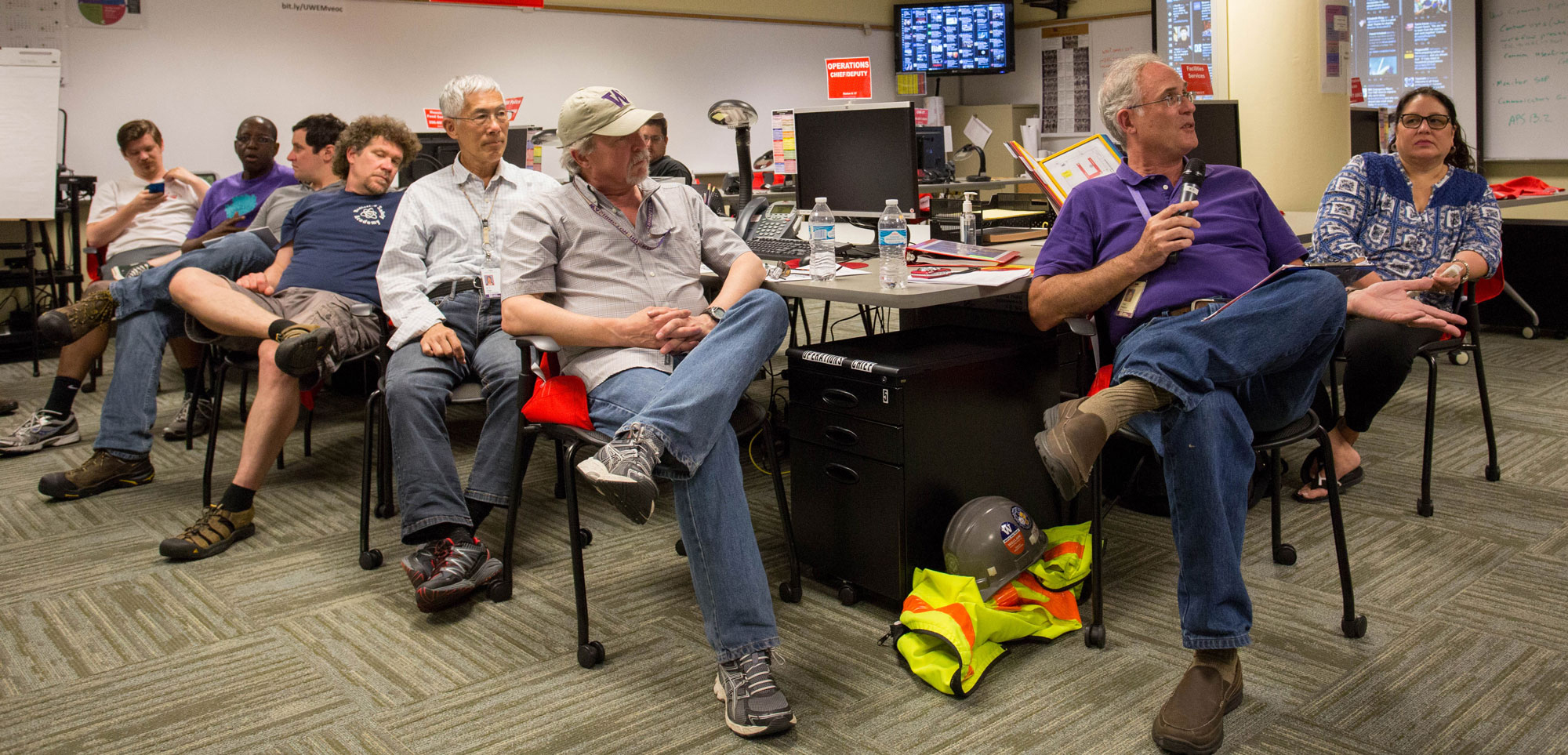Cascadia Rising drill participants gather in the University's Emergency Operations Center to collect feedback and lessons learned.