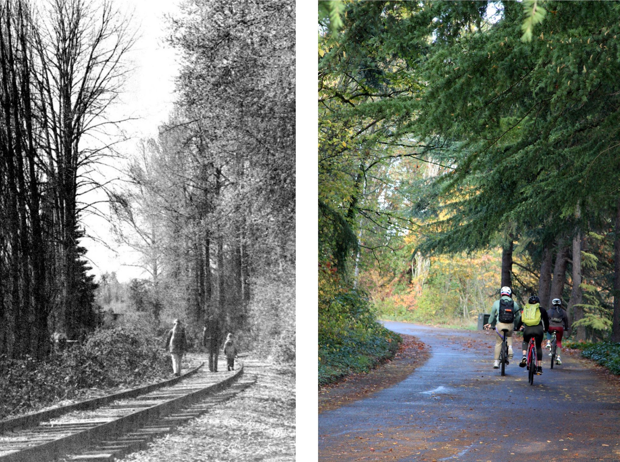 Burke Gilman Trail past and present. Left: 1970. Right: 2019 
