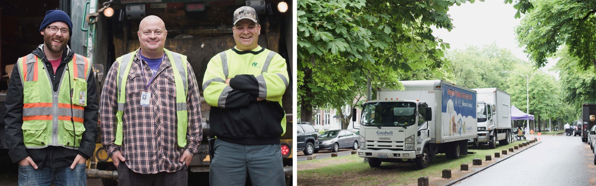 Three staff members pose during HNC on left. On right, trucks parked on median on Greek Row at UW.