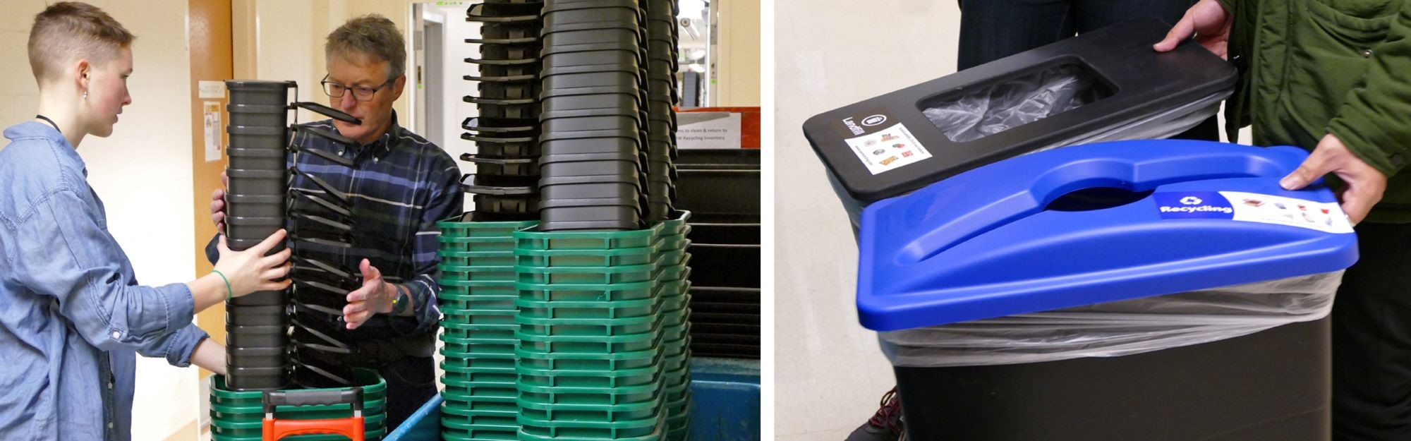 Left: two people with  stacks of MiniMax bins; Right: standard waste and recycle bins