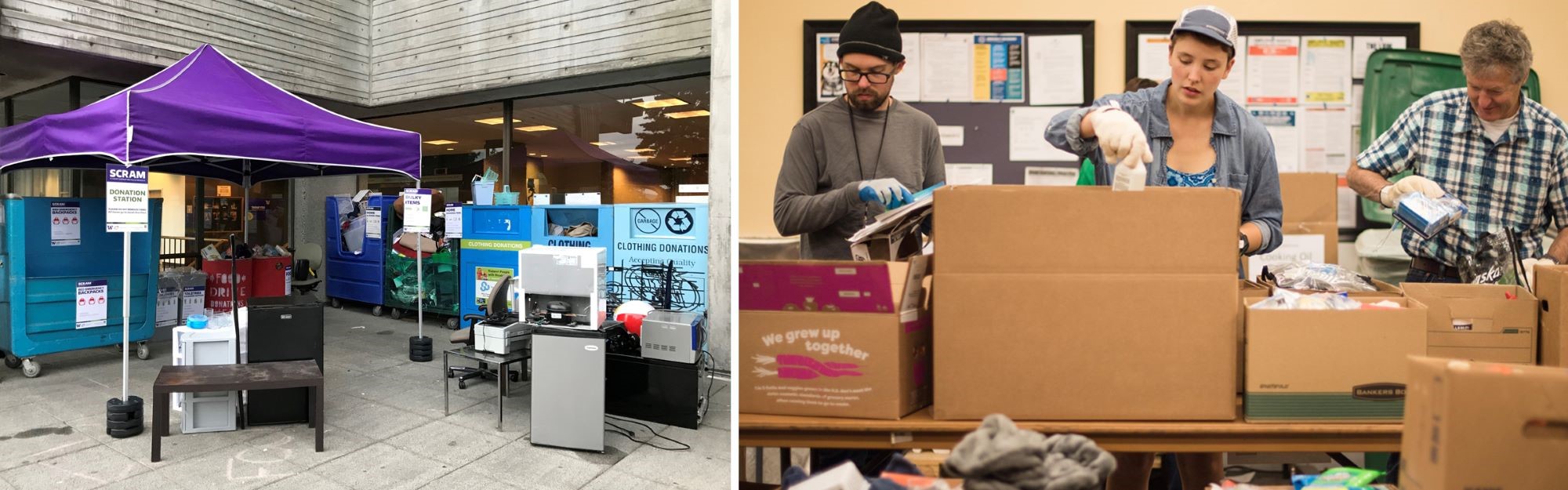 An example of a donation station with bins and staff sorting donations.