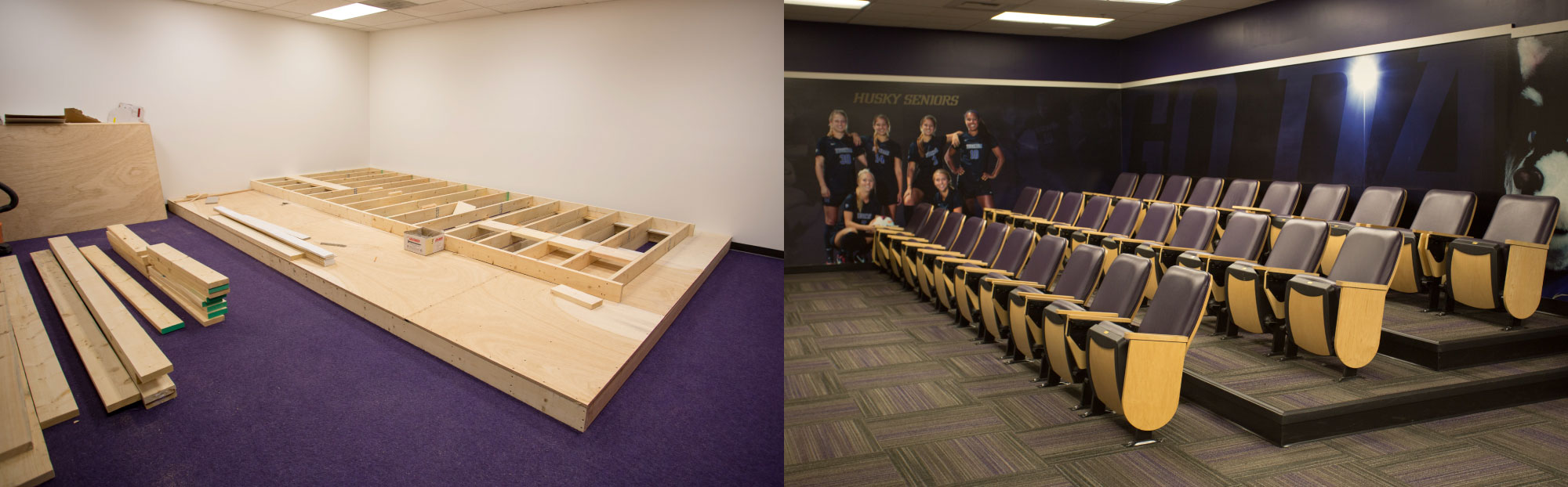 Carpenters Dan Lindsey and Karl Huffman build theater-style seating for UW’s soccer teams.