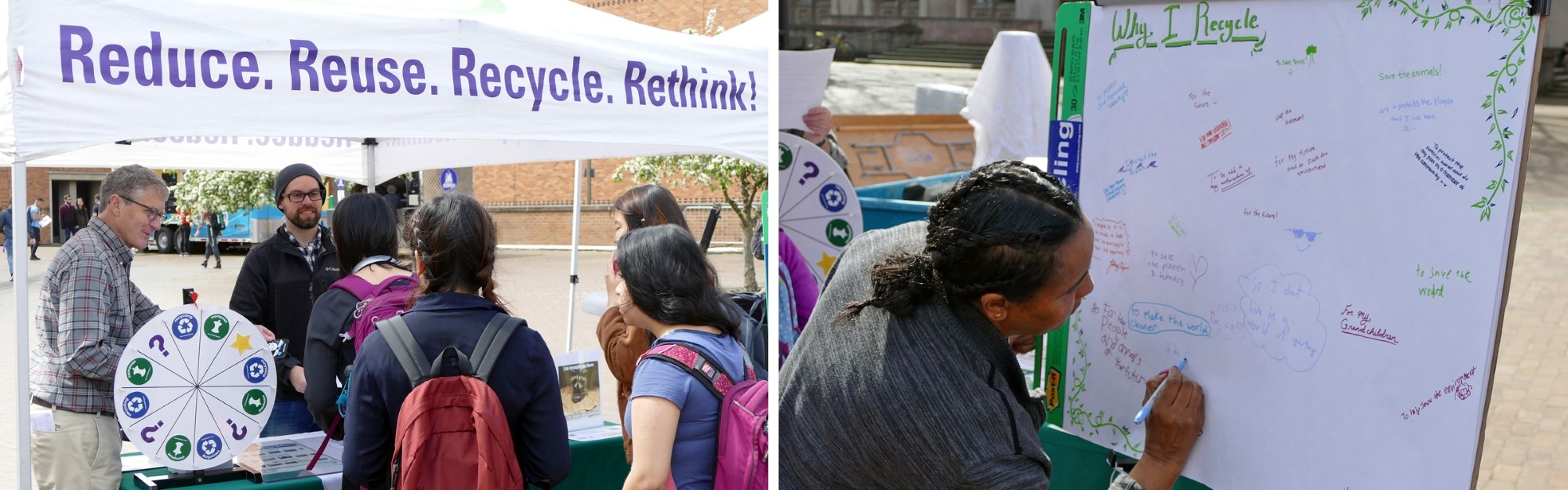 UW Recycling staff interact with visitors during tabling event. Visitors writing down why they recycle.