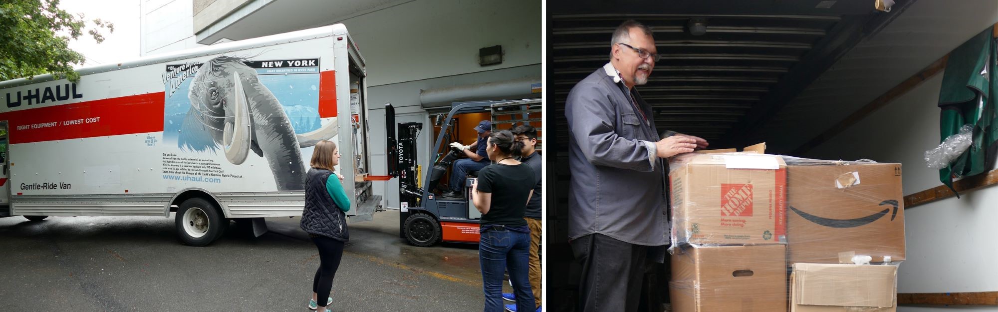 UW Recycling works with DESC staff to load donations items into a large moving truck 