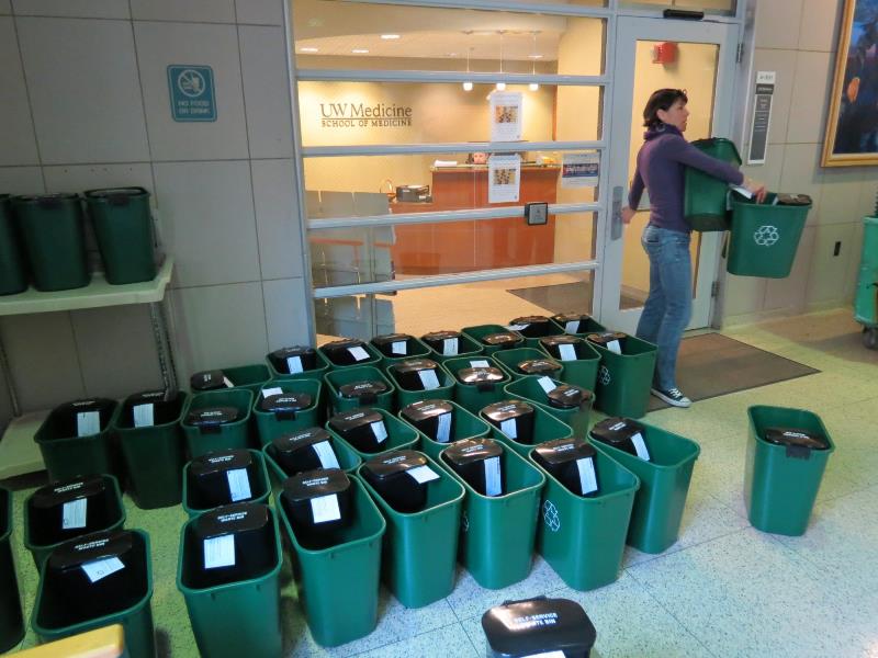 MiniMax bins are lined up outside the UW School of Medicine in Seattle, Wash.