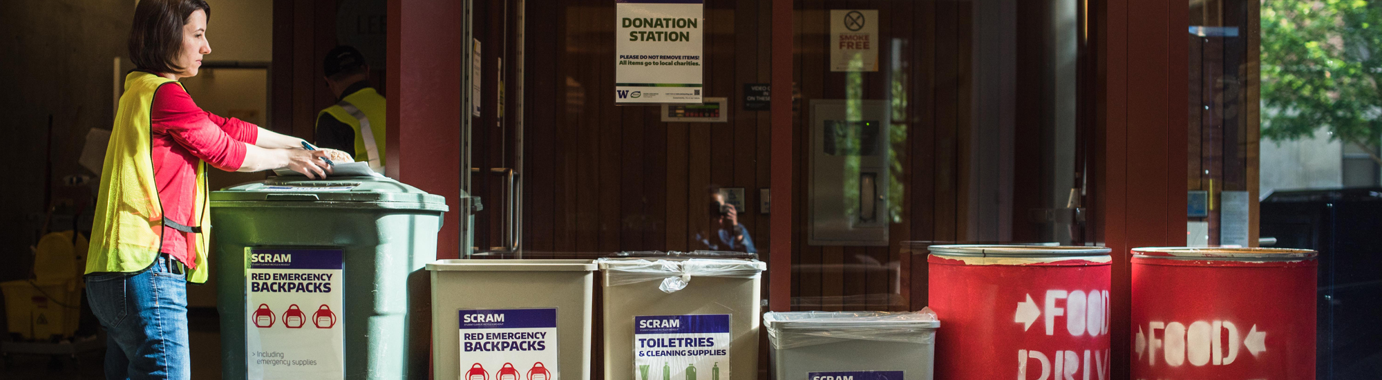 SCRAM donation bins lined up in residence hall