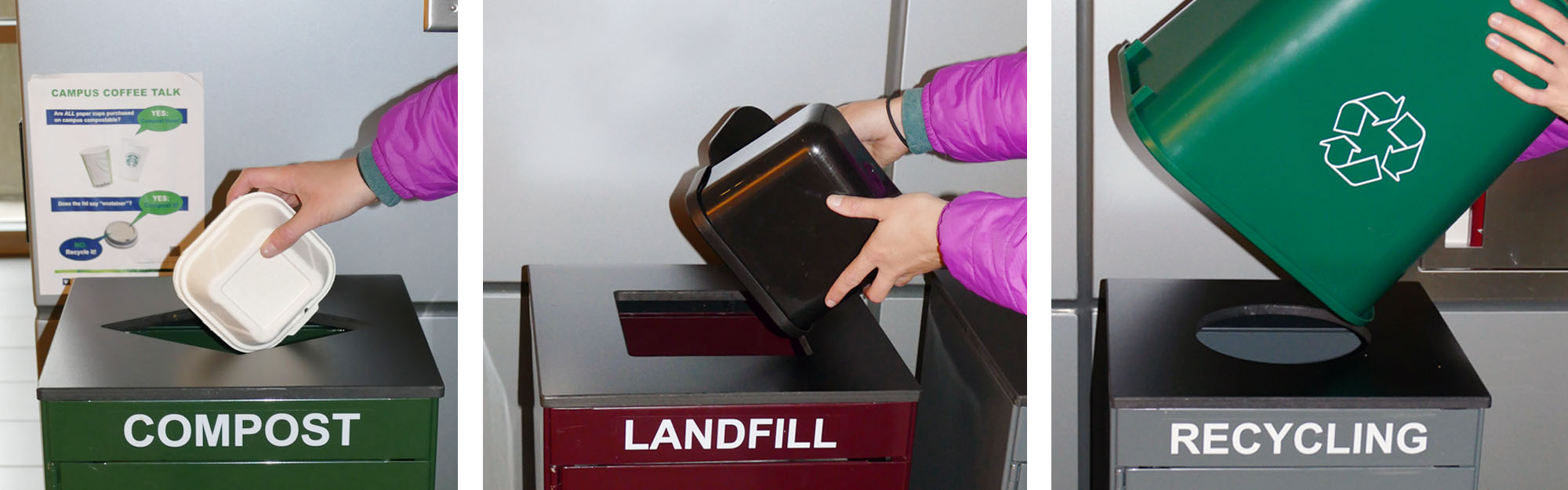 Desk-side MiniMax bins are based on a self-service model. Building occupants are responsible for emptying their compostable, landfill and recyclable items.