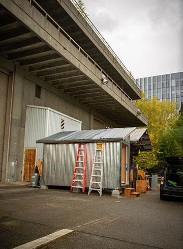 metal shed outside of Gould Hall