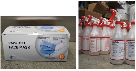 Two images. Left: a box of facemasks. Right: spray bottles of sanitizer