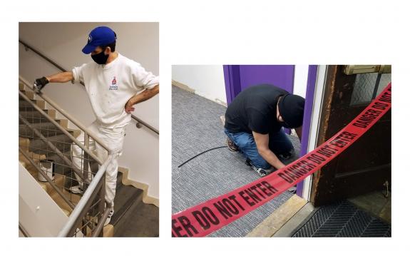 Two images. Left: Ben Davis painting handrail. Right: Chris Arevalo installing carpet 