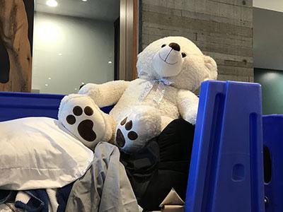 giant stuffed teddy bear in a bin