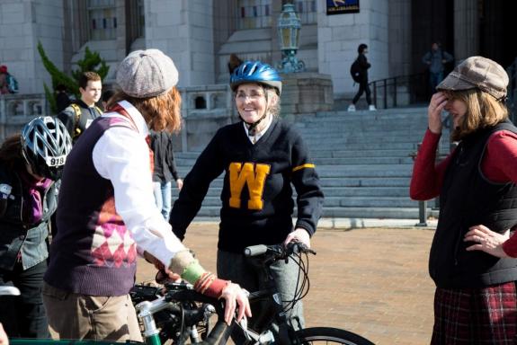 Leslie Holmes, a UW employee, showed her spirit by wearing her gold “W” sweater to the UW Tweed Ride.