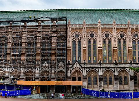 Suzzallo library, half of it covered in scaffolding