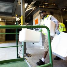 Chris Forbes and David Speed from UW Recycling collect styrofoam