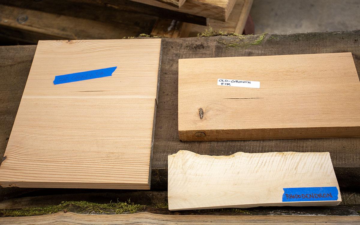 blocks of wood with labels showing the type of wood