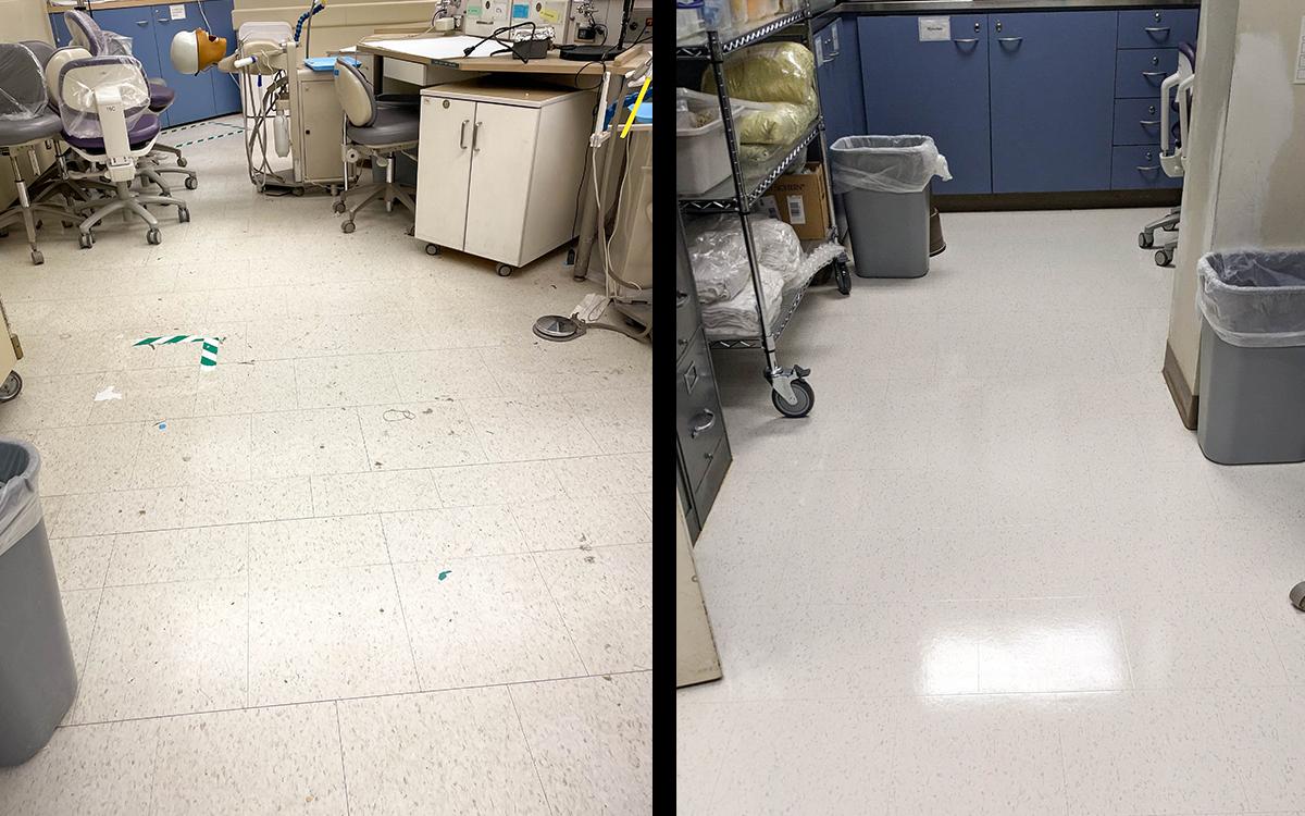 split screen with dirty floor and clean floor