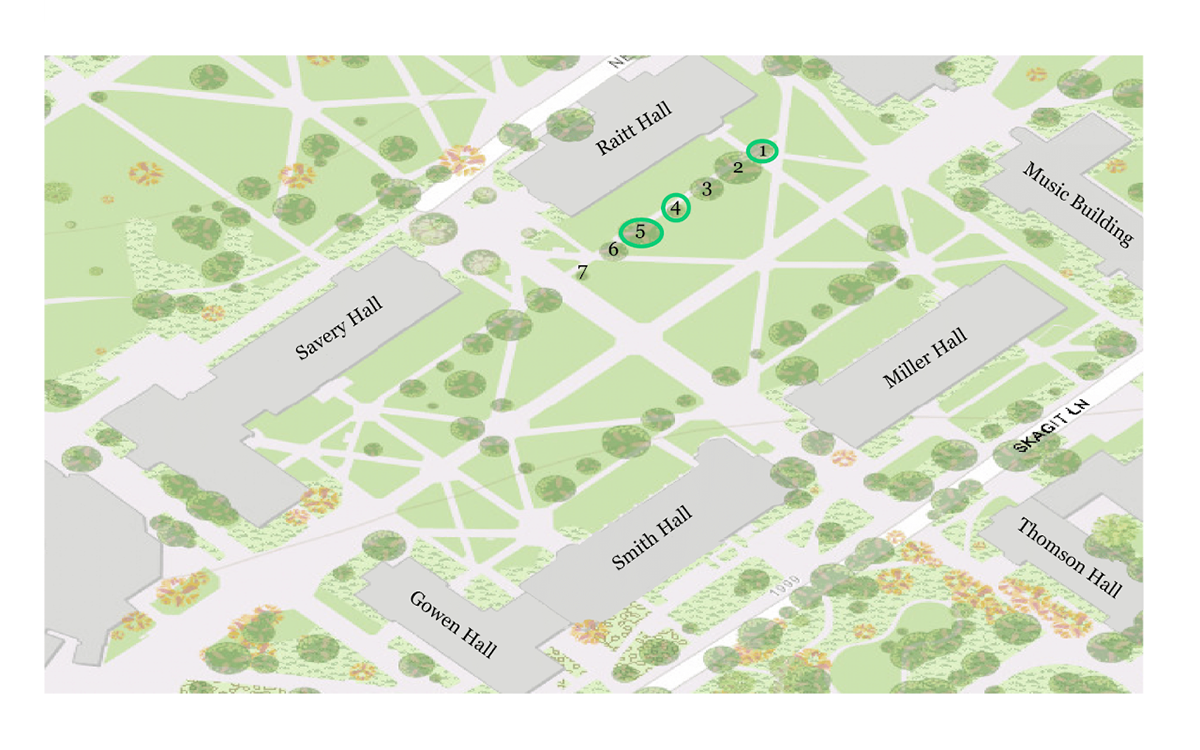 map of Quad trees with circles around three trees near Raitt Hall