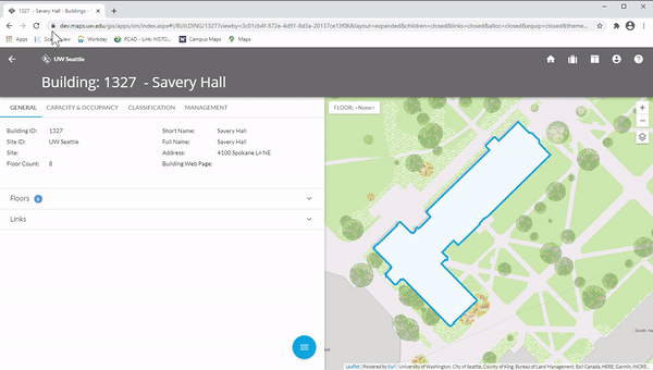 animated gif showing how to select and navigate a building's details in the details window in space viewer