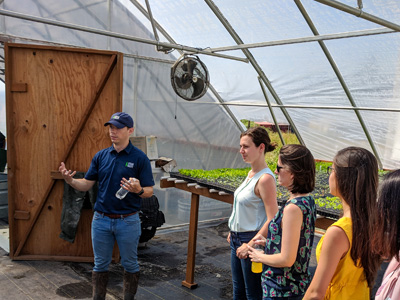 group of students in an greenhouse at uw farm