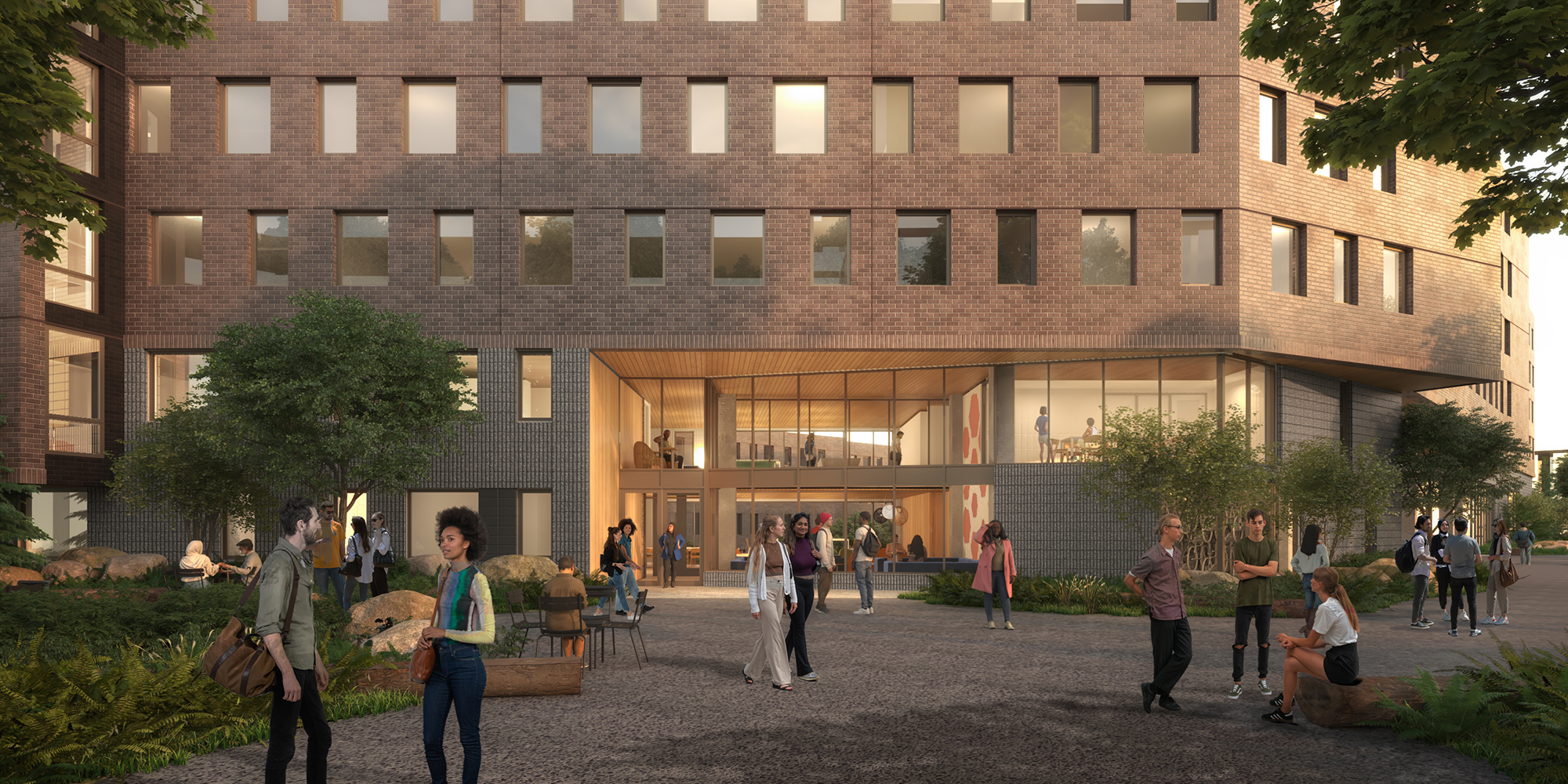 Rendering of the main entrance of Haggett Hall 