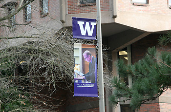 banner hung on a pole along stevens way