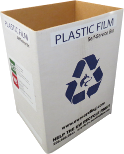 cardboard bin labeled for self-service plastic film disposal