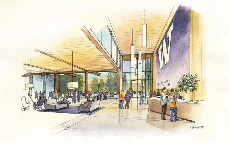 rendering of an open spaced, interior lobby of the ana mari cauce welcome center with people seated at couches and receiving help at a reception desk