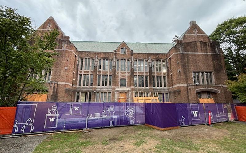 anderson hall exterior elevation with construction fence around building