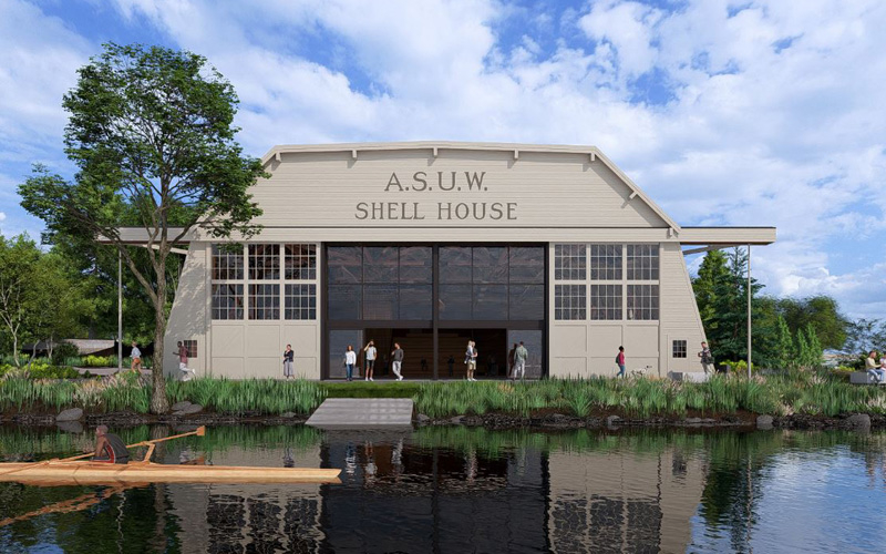 rendering of the exterior of the asuw shell house from a northern view showing large garage style door and boat ramp down to water