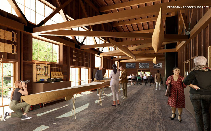 rendering of the interior of the asuw shell house showing the pocock shop with ample space for meeting and working on rowing shells