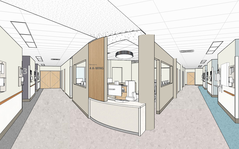 interior rendering of a-wing showing new finishes, modernized nurse station