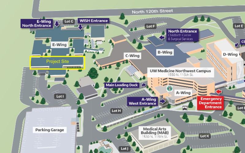 uwmc northwest campus map with project site in the e-wing outlined