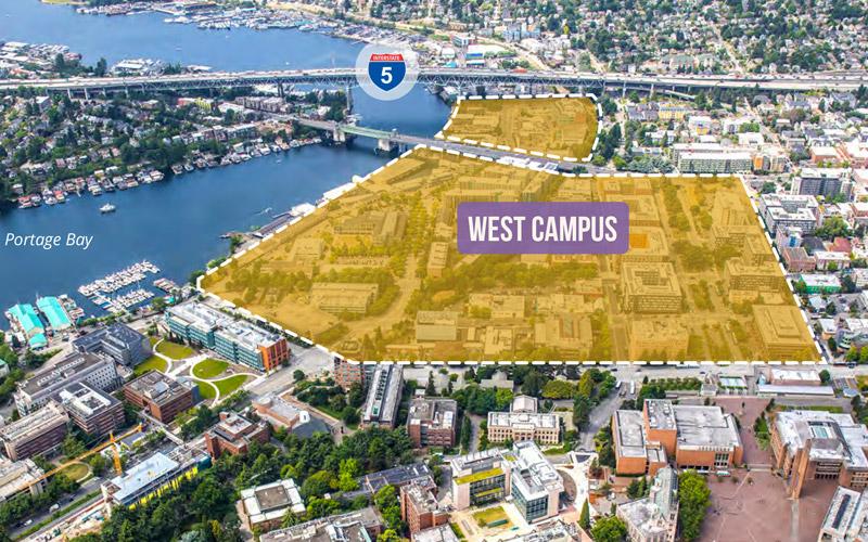 aerial view of west campus with the west campus footprint outlined