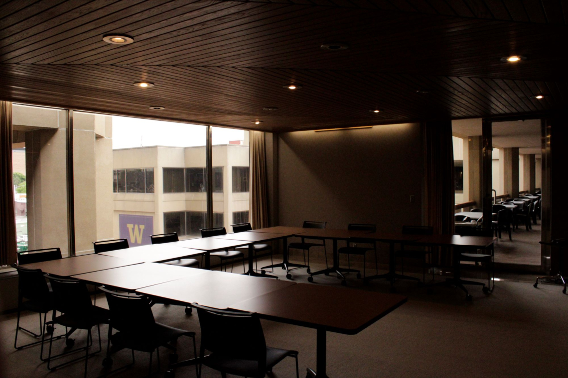 The mezzanine visitor's dining room with tables arranged in a U-shape