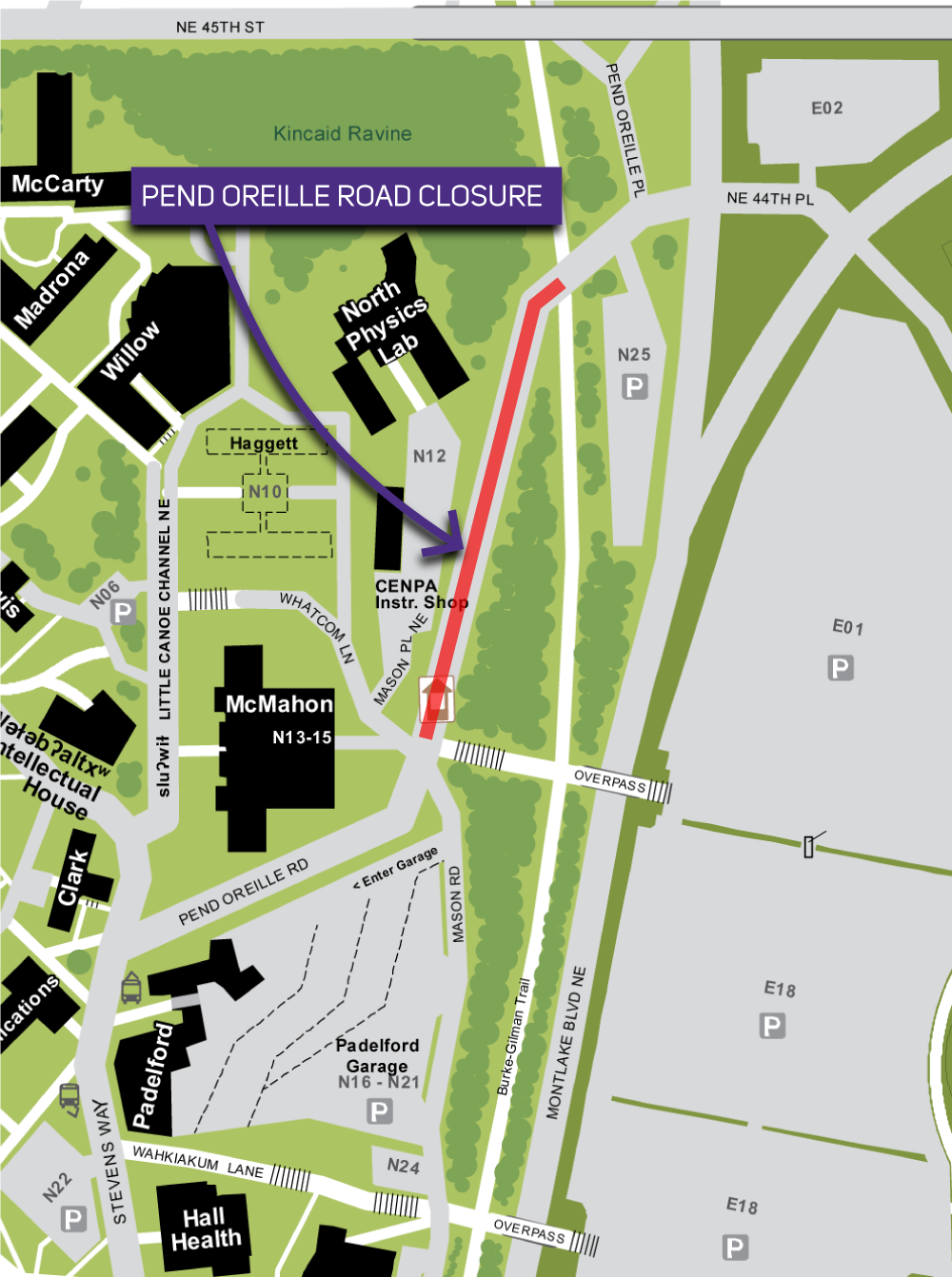 Map of Pend Oreille Road closure on Seattle UW Campus